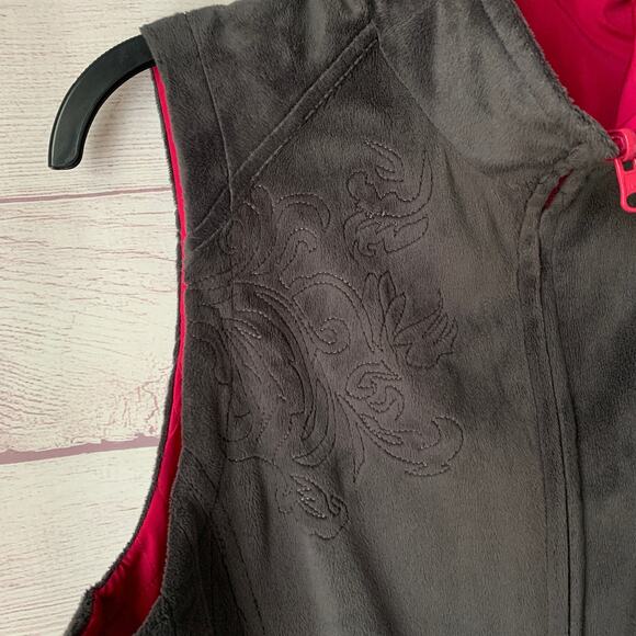 Charcoal Gray and Pink Reversible Zip Up Vest Fleece Embroidered Floral - Picture 14 of 16